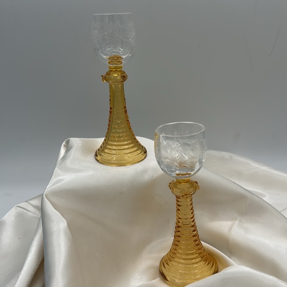Roemer (?) Liqueur Goblets with Amber Bowl and Clear Engraved Bowl-2 - Picture 1 of 6